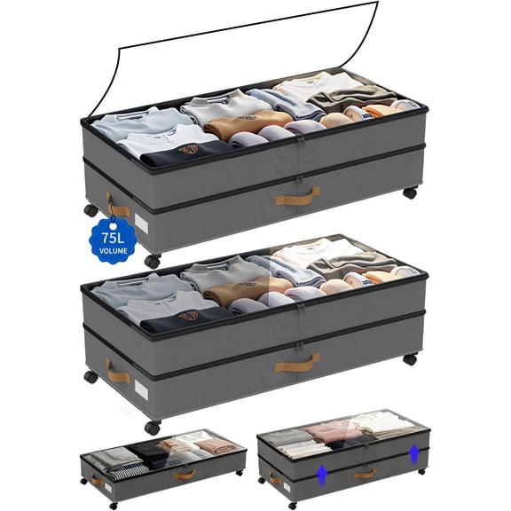 Under Bed Storage with Wheels 2-Pack, 75L XXL Under the Bed Storage Containers Large, 12" Tall Adjustable Storage for Underbed with Lids, Rolling for Clothes, Shoes, Blankets (Grey)