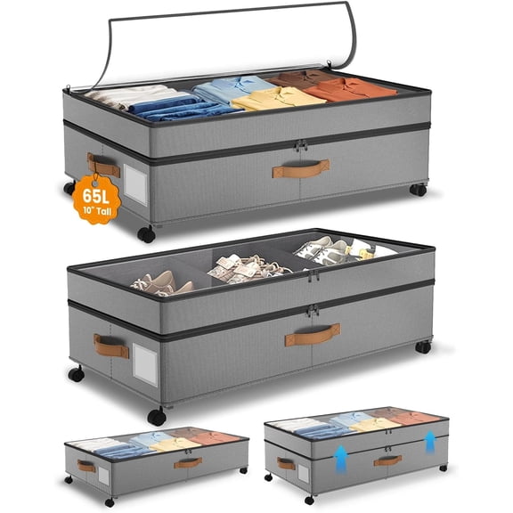 Under Bed Storage with Wheels 2-Pack, 65L XXL Under the Bed Storage Containers Large, 10" Tall Adjustable Storage for Underbed with Lids, Rolling for Shoes, Clothes, Blankets (Gray)