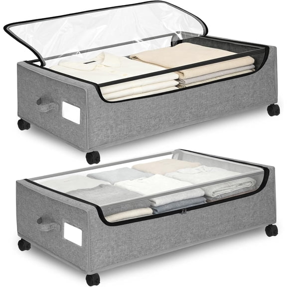 Under Bed Storage with Wheels, 2 Pack Under Bed Storage Containers, 10.6 inches Tall Underbed storage bins on Wheels, Rolling Under the Bed Metal Drawers for Clothes, Blankets, Shoes (XXXL, 90L)