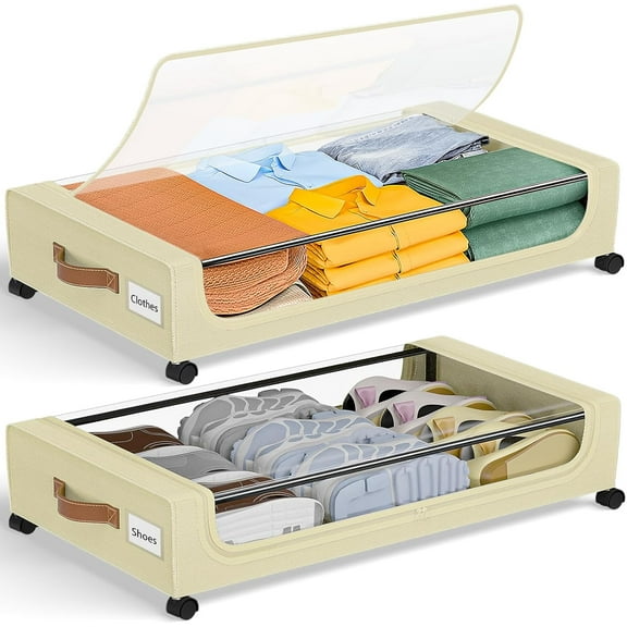 Under Bed Storage with Wheels, 2 Pack Under Bed Storage Containers, 60L Under Bed Shoe Storage with Clear Window & Label, Rolling Under Bed Metal Drawer for Clothes, Shoes,Toys, Books, Blankets