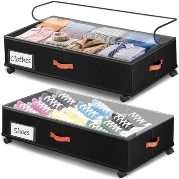 Under Bed Storage with Wheels 2-Pack Under Bed Storage Containers 60L Clear Lids Rolling Storage Drawers for Clothes Shoes Blankets Underbed Organizer Bins 32" L x 17.3" W x 7.2" H