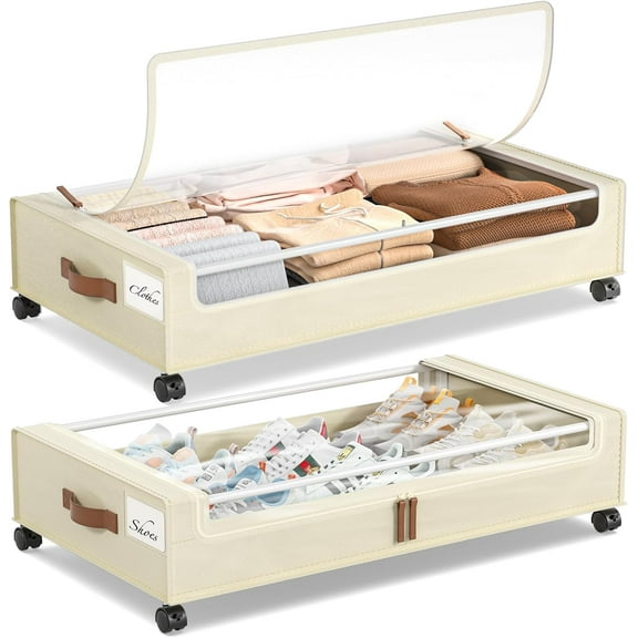 Under Bed Storage with Wheels, 2 Pack Under Bed Storage Containers, 60L Underbed Shoe Storage with Clear Window & Label, Rolling Under Bed Metal Drawer for Clothes, Shoes, Books, Blankets