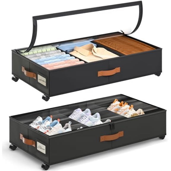 Under Bed Storage with Wheels, 2 Pack Under Bed Storage Containers with Adjustable Dividers & Clear Window, Rolling Underbed Organizer Bins Drawers for Clothes, Shoes, Blankets, Black