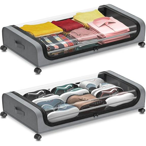 Under Bed Storage with Wheels, 2 Pack Under Bed Storage Containers, Under Bed Shoe Storage Organizer with Clear Window&Label,Rolling Under Bed Storage Metal Drawer for Clothes, Gray