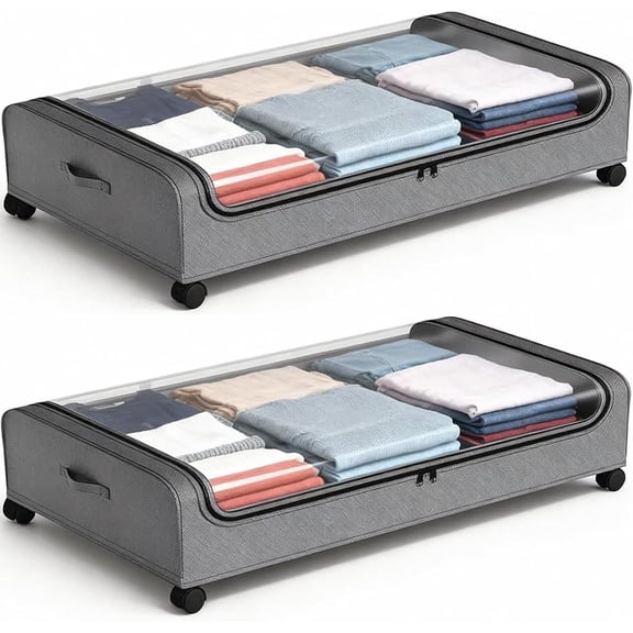 Under Bed Storage with Wheels, 2 Pack Under Bed Storage Containers, Under Bed Shoe Storage Organizer, Rolling Under Bed Metal Drawer for Clothes, Gray