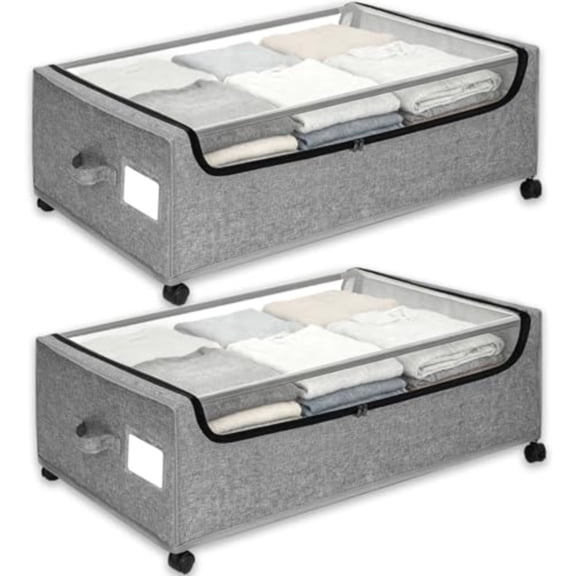 Under Bed Storage with Wheels 2-Pack Under the Bed Storage Containers with Clear Lids and Label Underbed Storage Bins XXXL 85L 11 inches Rolling Metal Drawer for Clothes Shoes Toys Books - Gray