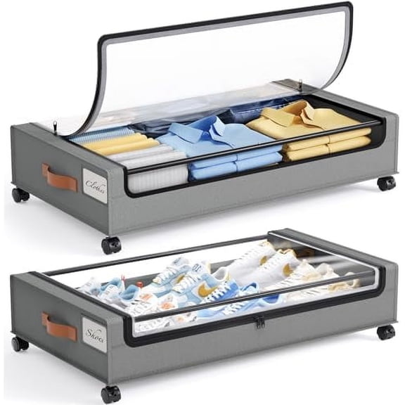 Under Bed Storage with Wheels, 2 Pack Under Bed Storage Containers, Large Under Bed Rolling Storage with Clear Window & Label, Bedroom Storage Organizer for Clothes, Shoes, Books, Blankets