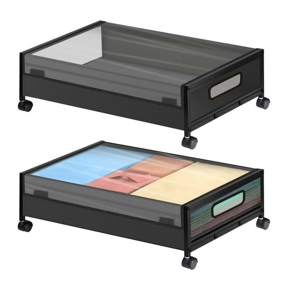 Under Bed Storage With Wheels, 2 Pack Containers With Clear Lids, Rolling Metal Drawer Organizer Bins With Oxford Cloth Cart Dustproof Folding Storage Box for Clothes Shoes