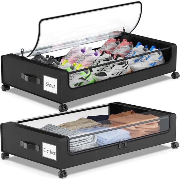 Under Bed Storage with Wheels, 2-Pack Underbed Storage Containers with Clear Lids, Under Bed Shoe Storage Organizer, Rolling Under the Bed Storage Bins for Clothes Shoes Blankets (Black)