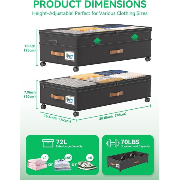 Under Bed Storage with Wheels, 2-Pack Upgraded Scalable Under Bed Storage Containers with Transparent Lids, Underbed Storage Organizer Rolling Bins for Shoes Clothes Sheet - Expandable Max