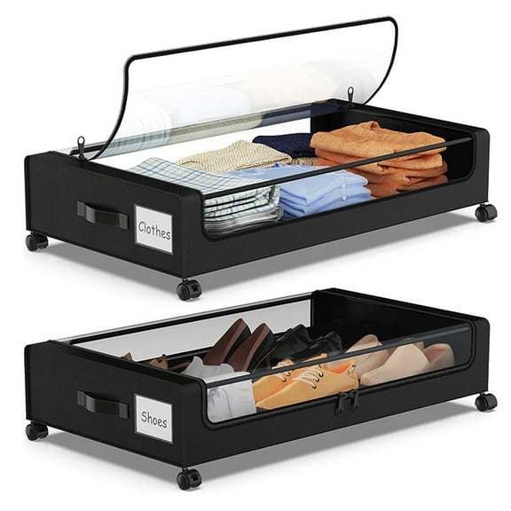Under Bed Storage with Wheels, 2Pack 48L Under Bed Storage Containers, Under Bed Shoe Storage Organizer With Clear Lid, Bedroom Storage Organization Drawer For Clothes, Shoes, Toys,Blankets,Black