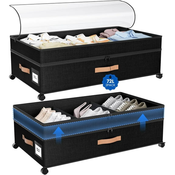 Under Bed Storage with Wheels, 2Pack 72L XXL Closet Organizers and Storage Bins Large, 10 in Higher Adjustable Storage for Underbed With Handles,Under Bed Drawer for Shoes, Clothes, Blankets,Black