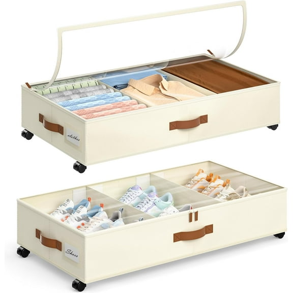 Under Bed Storage with Wheels, 2Pack Under Bed Storage Containers with Adjustable Dividers & Clear Lid, Rolling Underbed Organizer Bins Drawers for Clothes, Shoes, Blankets(33.3 x 16.5 x 6.7in