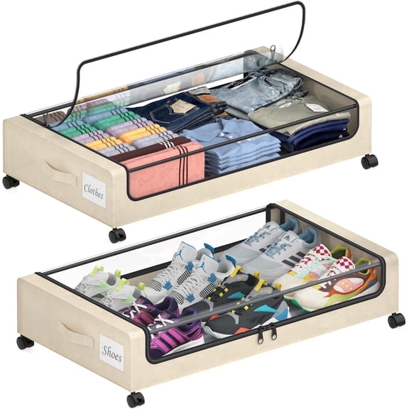 Under Bed Storage with Wheels, 2Pack Under Bed Storage Containers, Underbed Shoe Storage Organizer, Rolling Under Bed Metal Drawers for Clothes, Blankets(31 x 17 x 7.2 in)