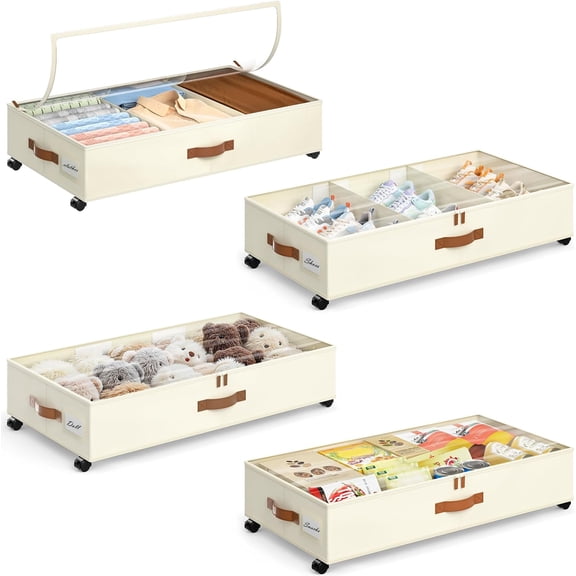 Under Bed Storage with Wheels, 4 Pack Under Bed Storage Containers with Adjustable Dividers & Clear Window, Rolling Underbed Organizer Bins Drawers for Clothes, Shoes, Blankets, Beige