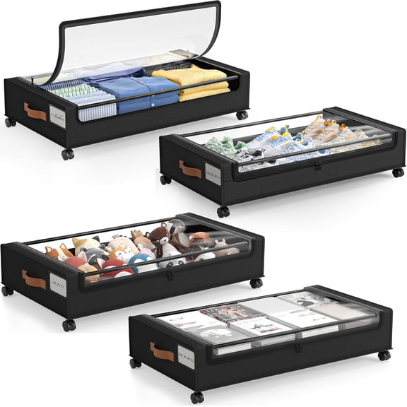 Under Bed Storage with Wheels, 4 Pack Under Bed Storage Containers with Clear Lid, XXL 60L Underbed Storage Bins, Rolling Under Bed Metal Drawers for Clothes, Blankets, Shoes, Black