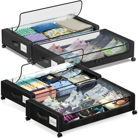 Under Bed Storage with Wheels, 4-Pack Under the Bed Storage Containers with Clear Lids & Label, Underbed Storage Bins, Rolling Metal Drawer for Clothes, Shoes, Toys, Books - Black