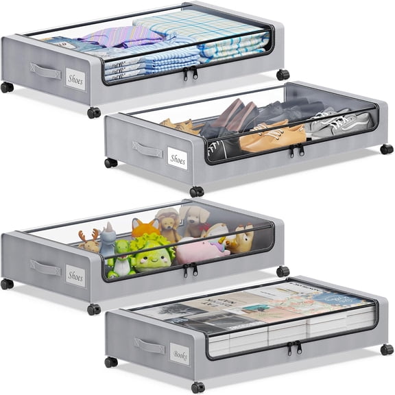 Under Bed Storage with Wheels, 4-Pack Under the Bed Storage Containers with Clear Lids & Label, Underbed Storage Bins, Rolling Metal Drawer for Clothes, Shoes, Toys, Books - Gray
