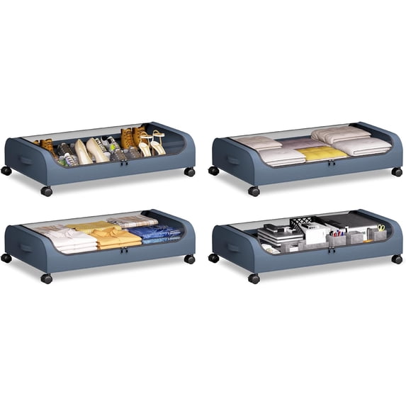 4-Pack Under Bed Storage Bins With Wheels - XXL 60L Clear Lid Containers, Metal Frame, Gray Fabric