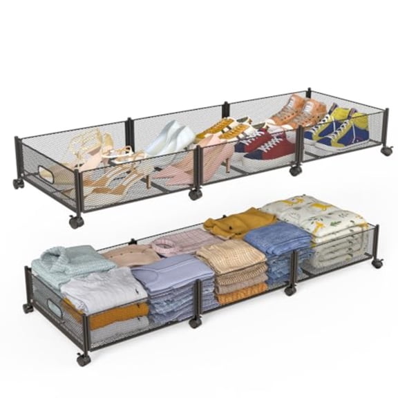 Under Bed Storage With Wheels 47.2''/90lbs/57.6L Metal Frame Under Bed Rolling Storage Tool-Free Assembly Underbed Drawers Underbed Organizer Containers for Shoes Clothes and Toys 2 Pack