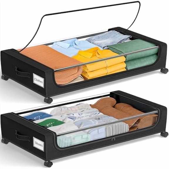 Under Bed Storage with Wheels: 48L Underbed Storage Containers with Clear Lids - Rolling Drawers & Bins for Shoes Clothes in Dorm Bedroom - Space-Saving Easy Pull-out Black 2-Pack