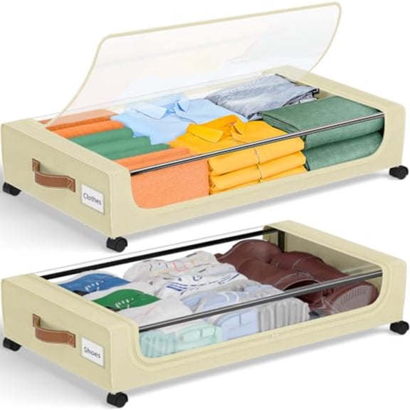 Under Bed Storage with Wheels: 48L Underbed Storage Containers with Lids - Rolling Bins for Shoes Clothes in Dorm Bedroom - Metal Drawers Easy Pull-out Beige 2-Pack