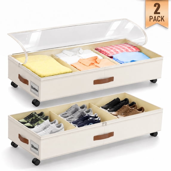 Under Bed Storage with Wheels, 58L Under Bed Storage Containers, Underbed Shoe Storage Organizer, Rolling Under Bed Metal Drawers for Clothes, Blankets (Beige, 2PK)