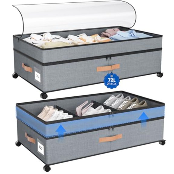 Under Bed Storage with Wheels 72L XXL Under the Bed Storage Containers Large 10'' Tall Adjustable Storage for Underbed with Lids Rolling for Shoes Clothes Blankets Grey