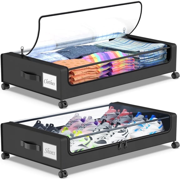 Under Bed Storage with Wheels, Under Bed Storage Containers, Under the Bed Storage Organizer with Clear Lids - Rolling Drawers & Bins for Clothes,Shoes,Toys, 2-Pack (Black)