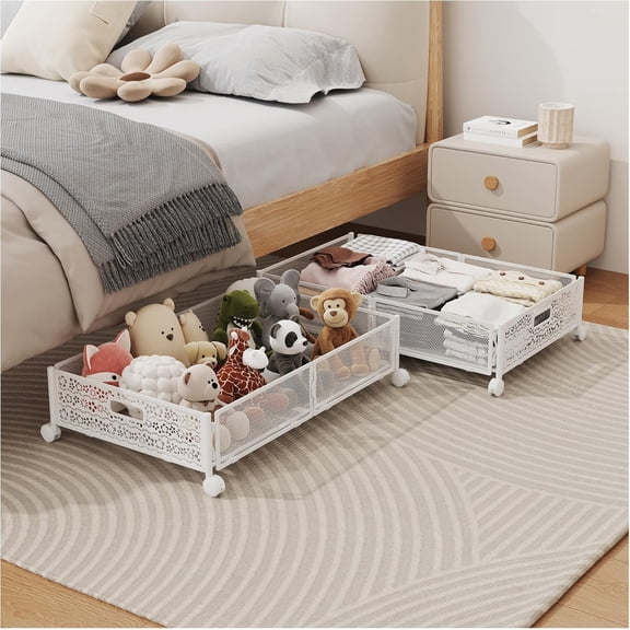 Under Bed Storage with Wheels, Foldable Pattern Carved Metal Under The Bed Storage, Tool-Free Assembly Under Bed Storage Containers, 60L Underbed Storage for Bedroom Clothes Blankets-2 Pack