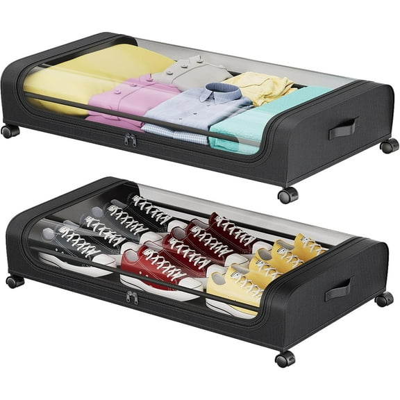 Under Bed Storage with Wheels and Lid, Under Bed Rolling Storage with Large Capacity, Under the Bed Storage for Bedroom Under Bed Storage Containers for Clothes Shoe Blanket Toy Book,2Pack,Black