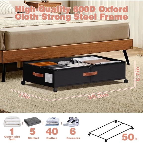 Under Bed Storage with Wheels - Rolling Underbed Containers with PVC Clear Lid & Dividers, 600D Oxford Fabric, PU Leather Handles, Adjustable Magic Tape Partition, XXL 66L, 2 Pack (Black)