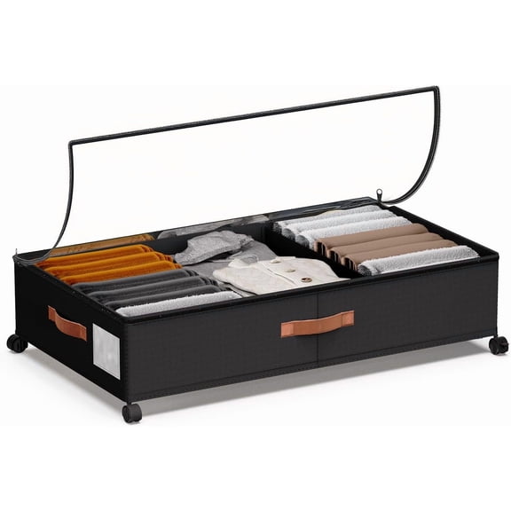 Under Bed Storage with Wheels - Rolling Underbed Containers with PVC Clear Lid & Dividers, 600D Oxford Fabric, PU Leather Handles, Adjustable Magic Tape Partition, XXL 66L, Black