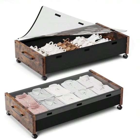 Under Bed Storage with Wheels Rolling Underbed Storage Drawers Wooden Under the Bed Storage with Remove Lid Large Metal Storage Bins for Shoes Blankets Clothes Bedrooms Dorms Vintage Brown-2pack