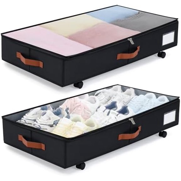 Under Bed Storage with Wheels Set of 2, Underbed Storage Container with Clear Lid Cover, 6.7 Inches Height Rolling Under Bed Drawer Storage Basket Bin Shoe Organizer for Cloth Sheet Sweater, Black