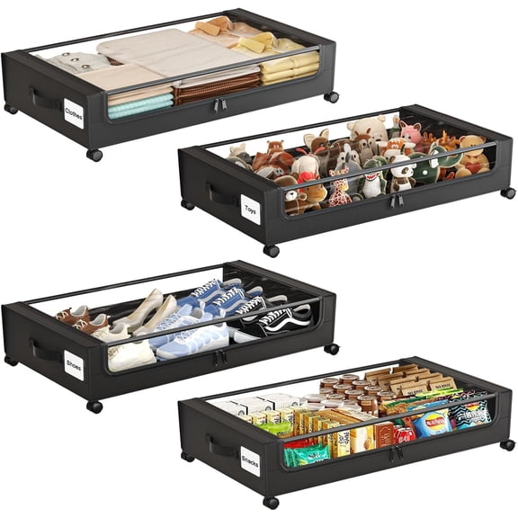 Under Bed Storage with Wheels,Under Bed Storage Containers with Clear Lids, Under-Bed Organizers for Clothes, Shoes – Durable Storage Bins with Smooth Rolling Wheels (Black, 4 Pack)