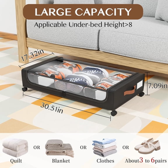 Under Bed Storage with Wheels, UnderBed Storage Containers with Clear Lid and Handles, XXL 60L Under the Bed Storage Bins Drawers for Clothes,Blankets,Shoes,Books (BLACK, 2 PACK)