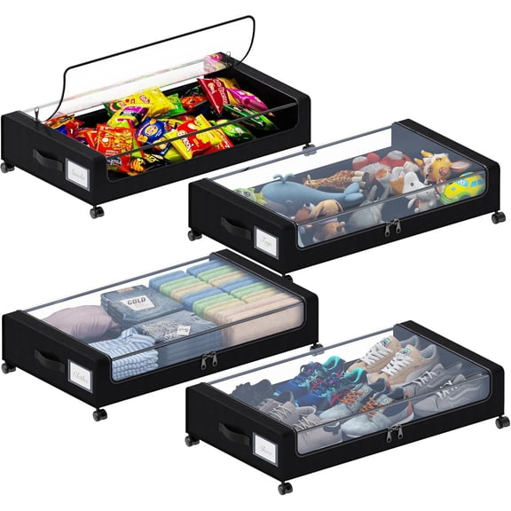 Under Bed Storage with Wheels, XXL 60L Under the Bed Storage Bins, Underbed Storage Containers with Lids & Label, Rolling Metal Drawer for Shoes, Clothes, Books, Toys (4-Pack Black)