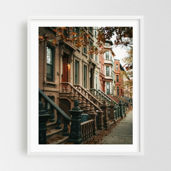 Bed-Stuy Architectural 02 - Brooklyn New York Photography Architecture Street Photography Cityscape Autumn White Framed Wall Art Print 11 x 14 inches