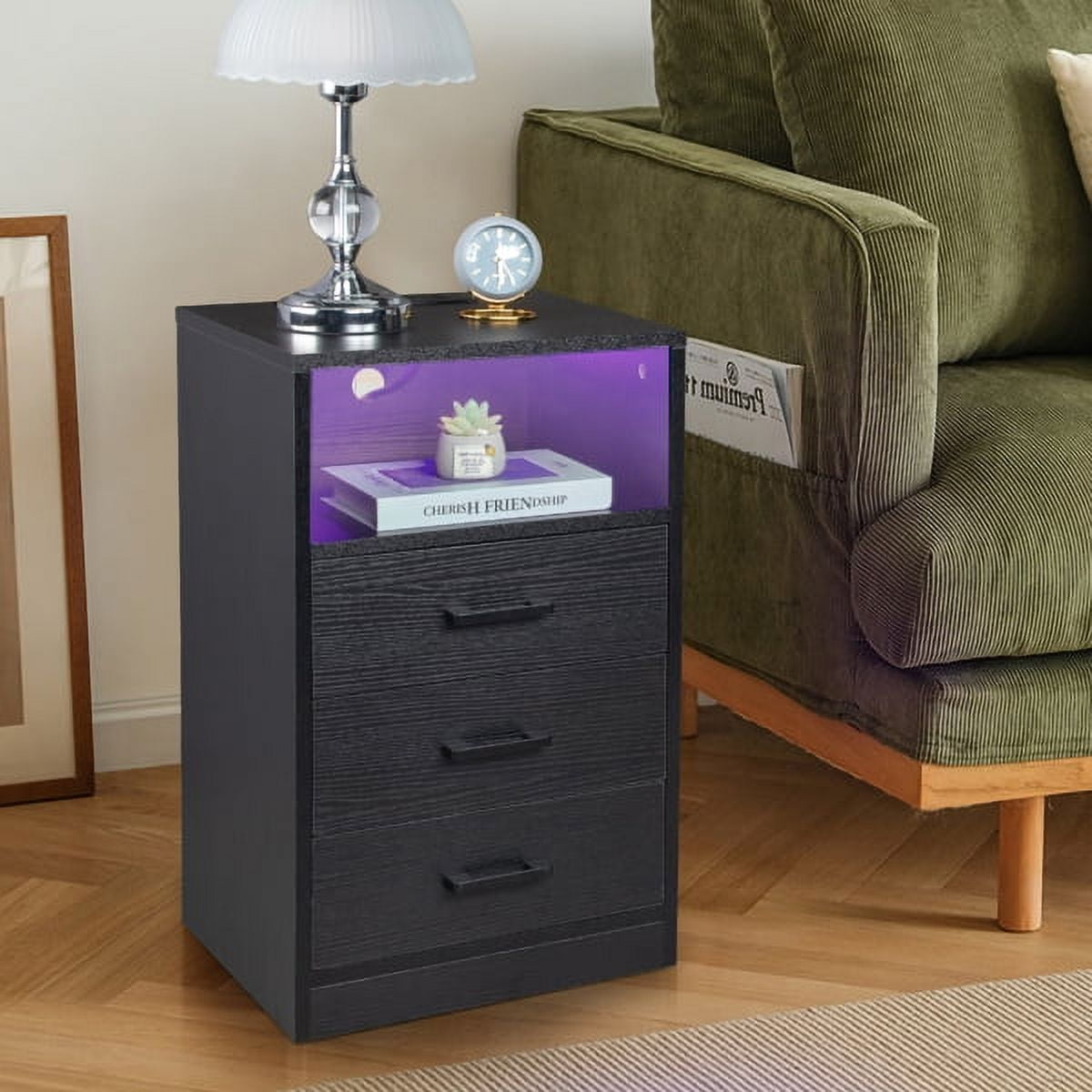 Bed Table End Tables, LED Light Bedside Table Nightstand for Bedroom, Black File