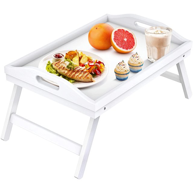 Bed Table Tray Breakfast Platters Tray with Folding Legs, White