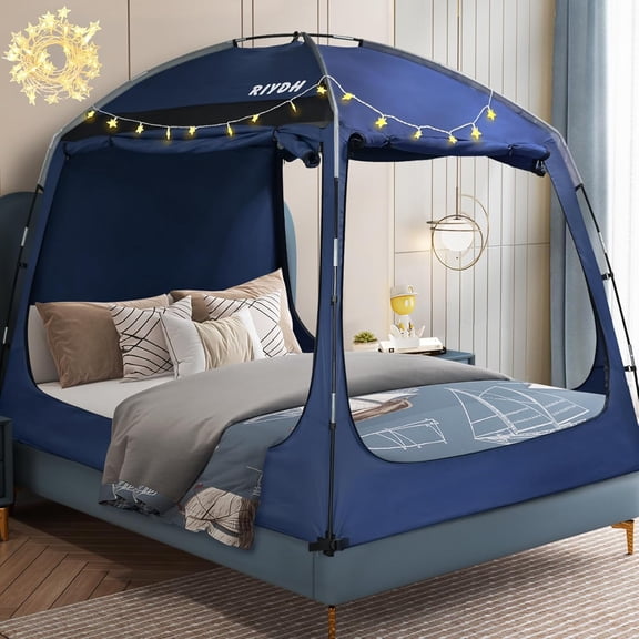 Bed Tent for Adults and Kids with 93% Light Reduction Blackout Fabric Portable Indoor Sleeping Tent with String Lights 3 Doors Twin Full Queen King Size Blue Full