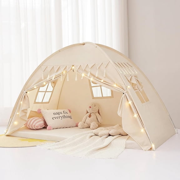 Bed Tent Bed Canopy Twin Size with Bottom,Kids Tent Indoor Floor with Lights Portable Foldable Bunk Curtains for Girls Boys (Natural, Twin)