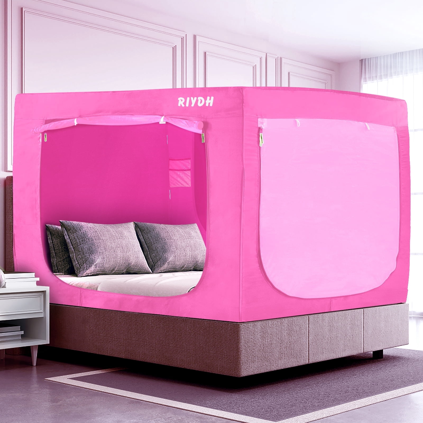Bed Tent Bunk Twin Bed Canopy Tents for Adult - Portable Dream Tent Indoor Sleeping Tents 80% Blackout with 3 Doors Breathable Big Space Tents pink
