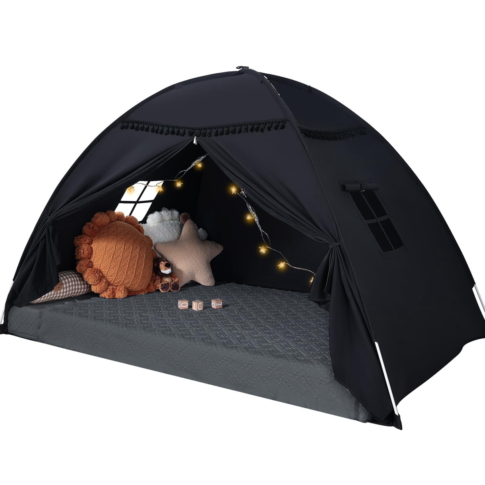 Bed Tent Canopy: Lights & Flags Indoor Play -bed Teepee Tents - Girls&boys Playhouse Space Sleeping Gifts (twin Black)