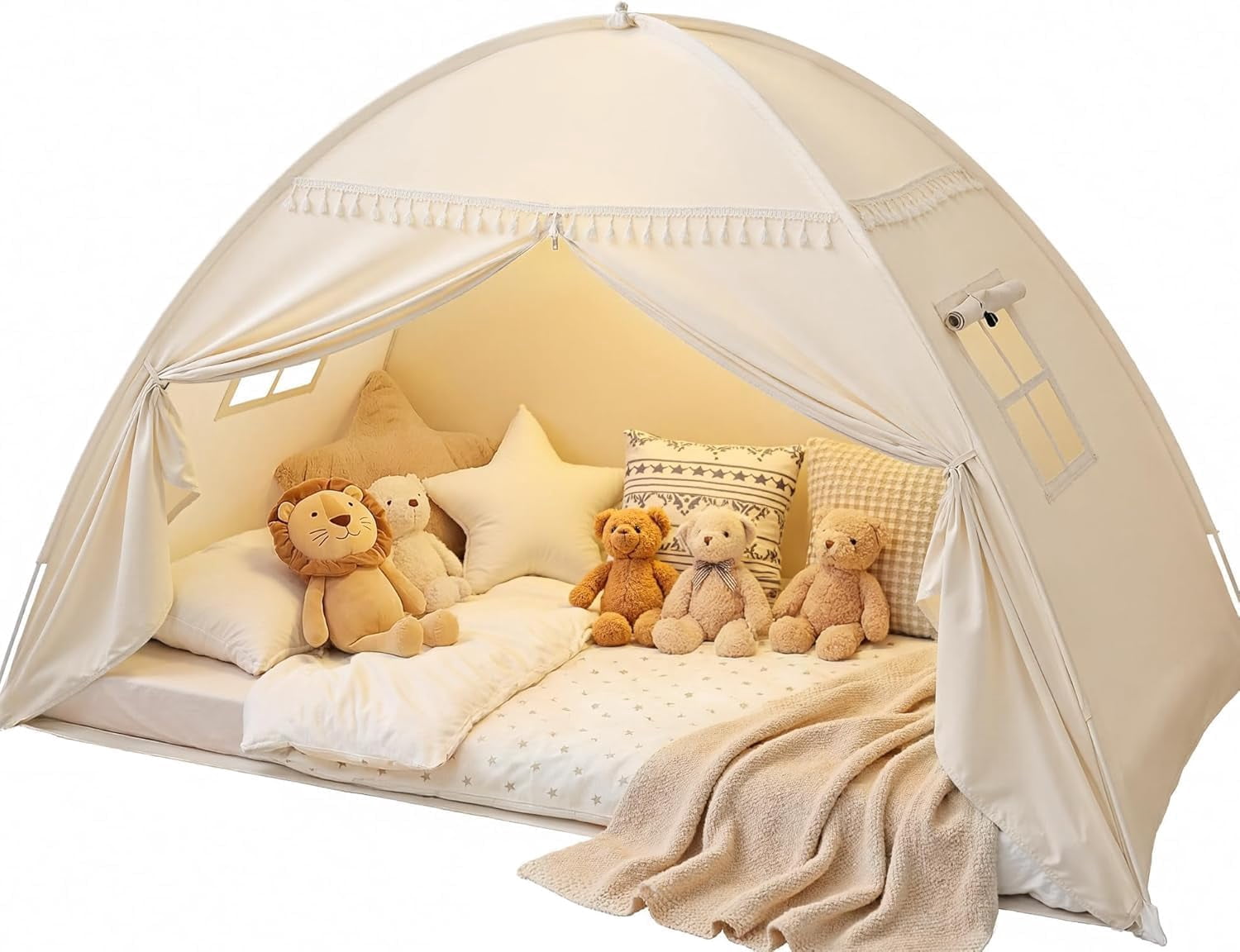 Bed Tent Canopy: Lights & Flags Indoor Play -bed Teepee Tents - Girls&boys Playhouse Space Sleeping Gifts (twin Golden Beige)