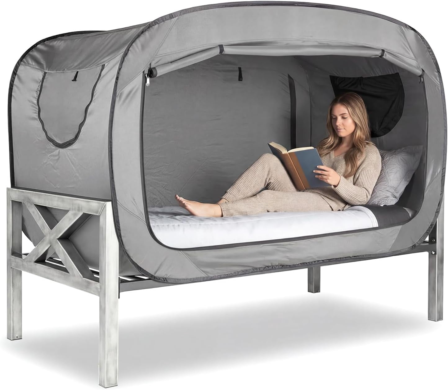 Bed Tent Full Bed Canopy Portable Dream Tent for Adult Indoor Sleeping Tents with 2 Doors Breathable Private Space Tents, Grey