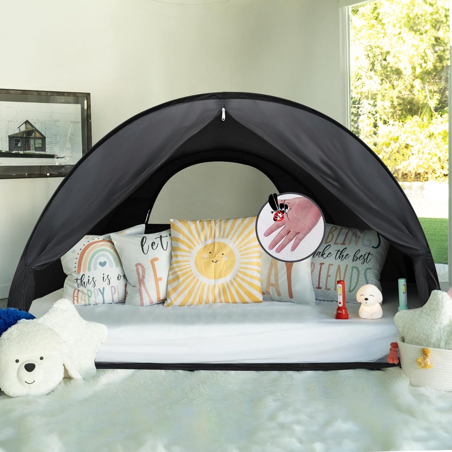 Bed Tent Full Size, Leedor Pop-Up Sleep Canopy Privacy Light-Blocking Bed Shelter with Mosquito Mesh Sleeping Tent for Kids and Adults Black