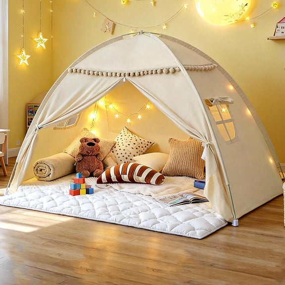 Bed Tent Full Size for Girls & Boys - Indoor Privacy Toddler Sleeping Teepee with Blackout Design, Breathable Portable Bed Tent for Drafty Rooms, Cottage Floor Camping (Full Beige)
