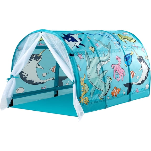 Bed Tent for Kids with LED Strip Lights 55'' x 41'' x 31.5'' Toddler Bed Tent Foldable Game House for Children Play Tents for Girls Boys Sleeping Canopy Playhouse (Light Blue-Ocean)